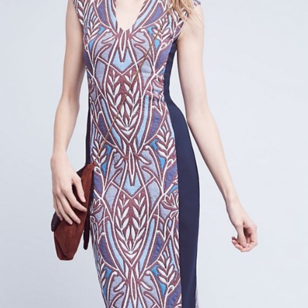 Anthropologie Blue Jacquard Sheath Midi